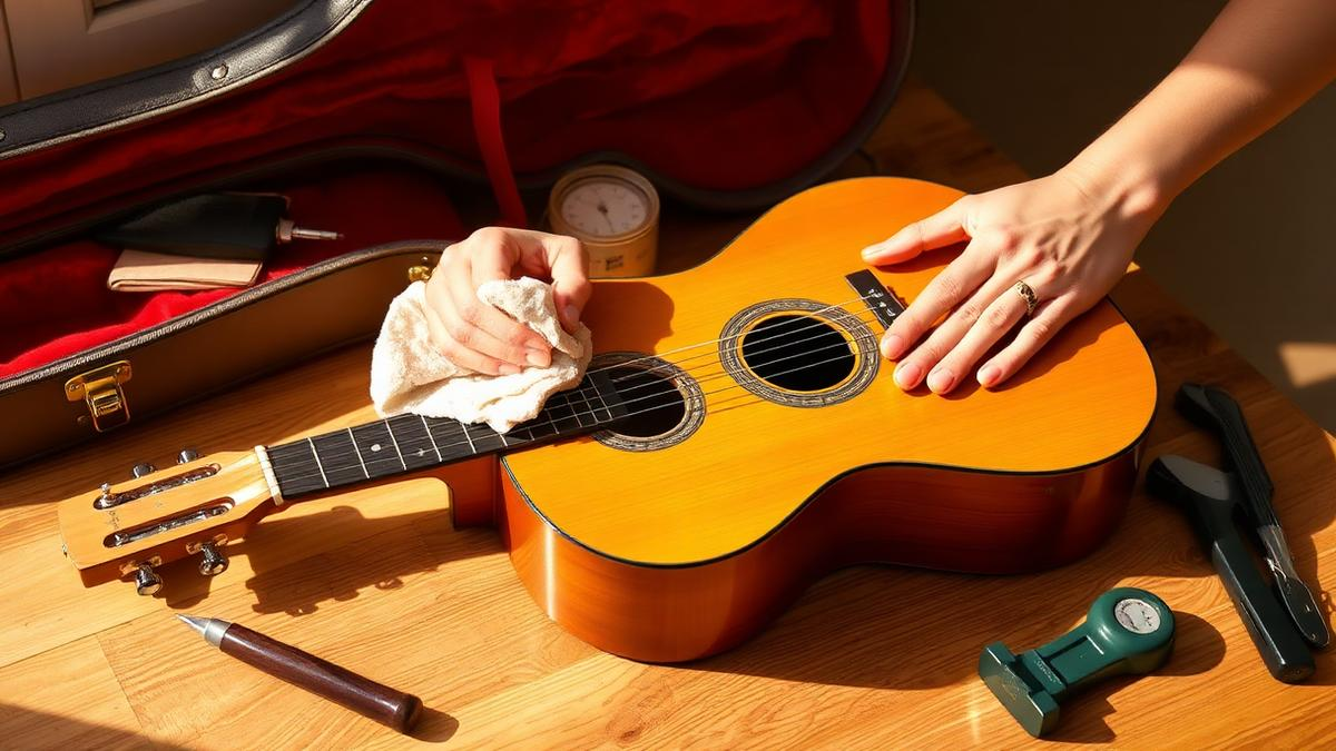 Mãos limpando um violão sobre mesa com acessórios de manutenção