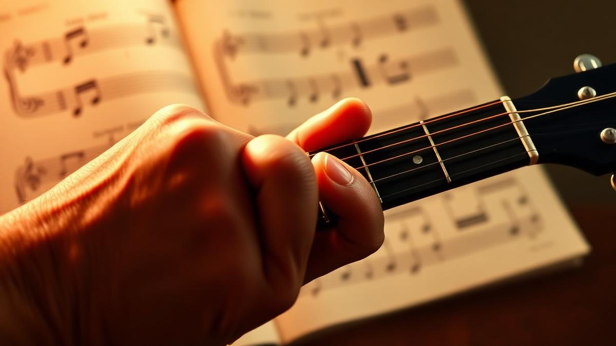 Mão formando acorde no braço de um violão com partitura ao fundo