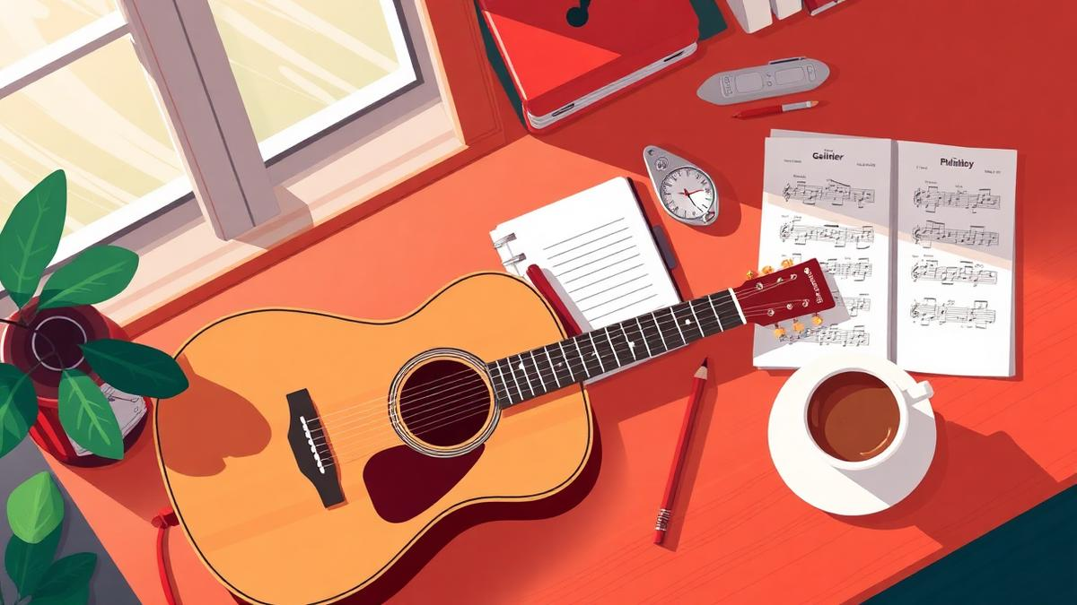 Mesa de estudos musicais com violão, caderno, metrônomo e partituras